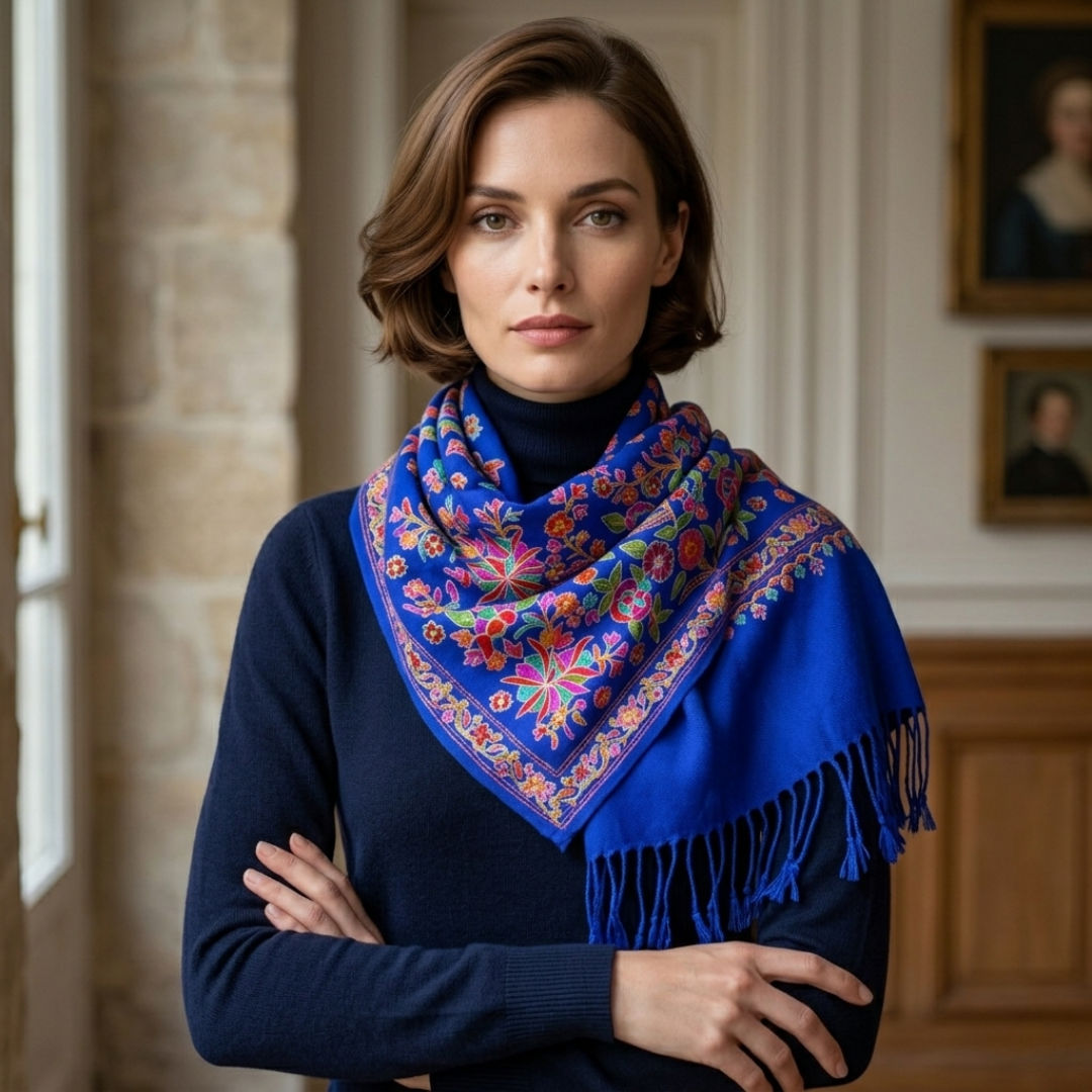 Royal Blue Stole With Floral Embroidery